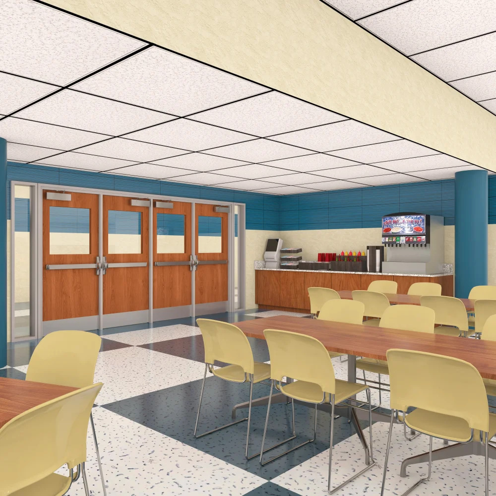 Cafeteria_Final image shows wooden door
